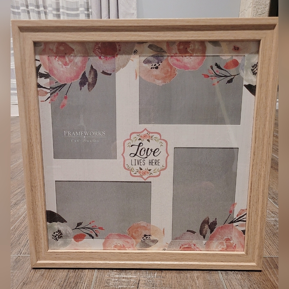 Floral decorative photo frame with natural wood border.